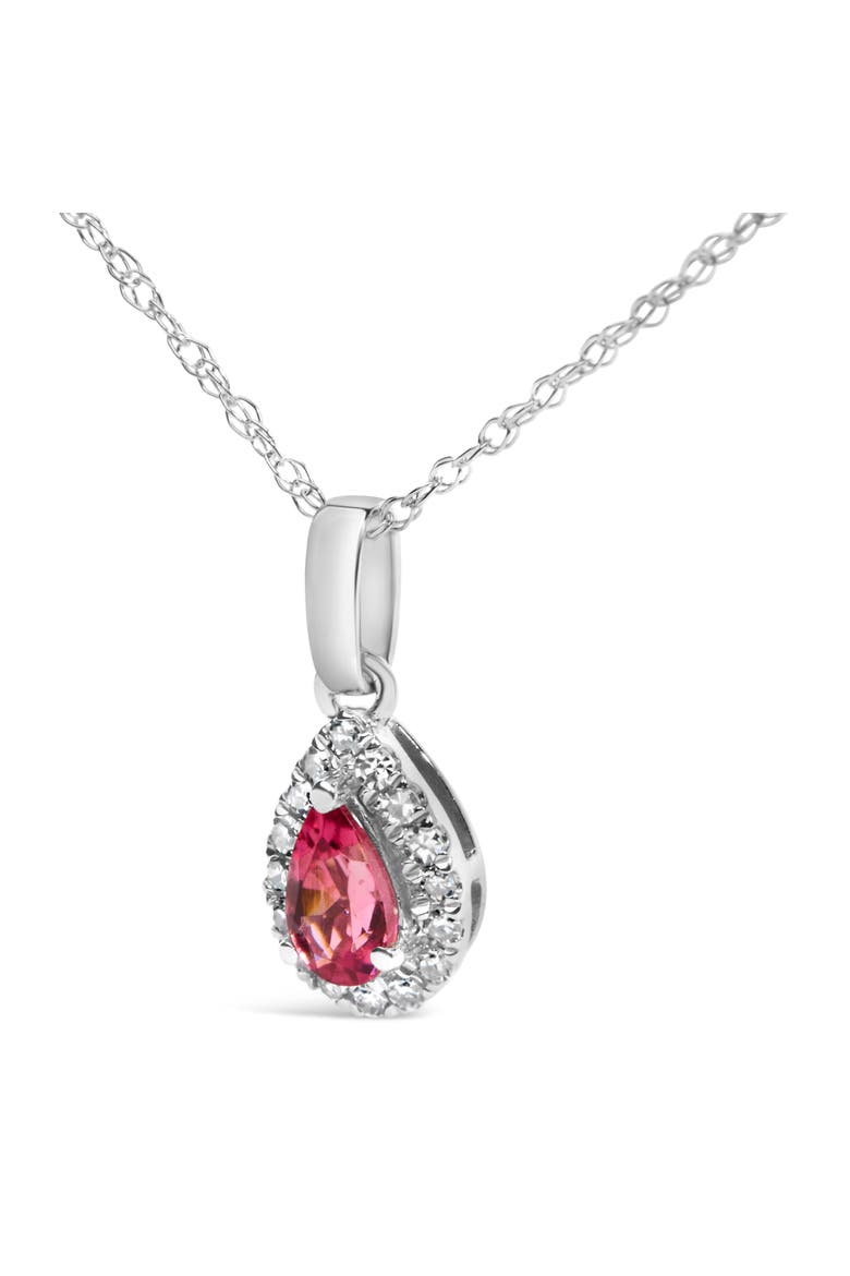 10K White Gold 5x3mm Gemstone and Diamond Accent Halo Pear Shape 18" Pendant Necklace, Alternate, color, Pink Tourmaline | White