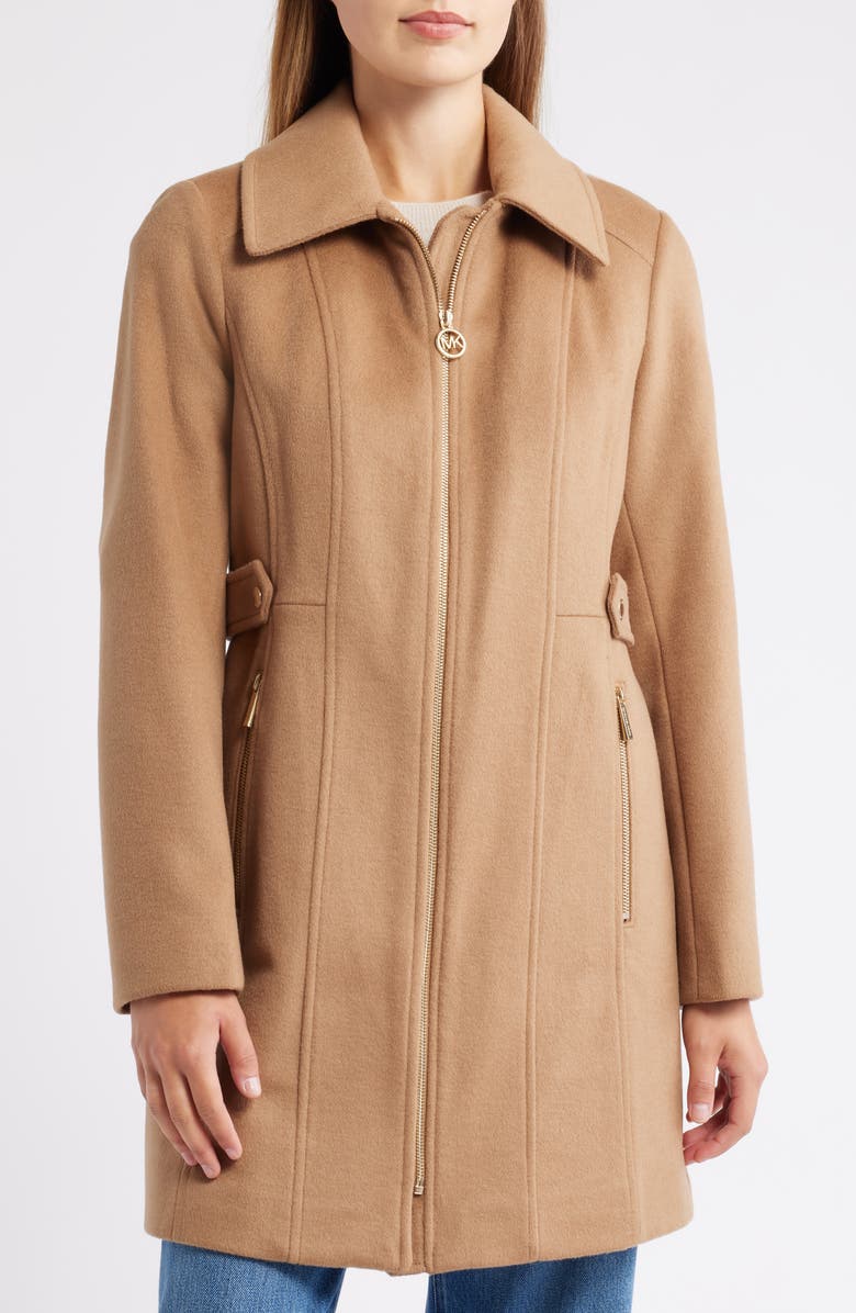 Michael Kors Front Zip Wool Blend Coat, Alternate, color, Dark Camel