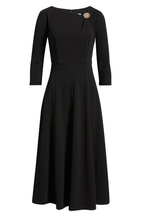 Shoulder Pin Asymmetric Long Sleeve Midi Dress