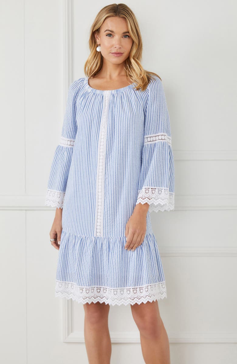 Karen Kane Mixed Lace Cotton Dress, Alternate, color, Blue Stripe