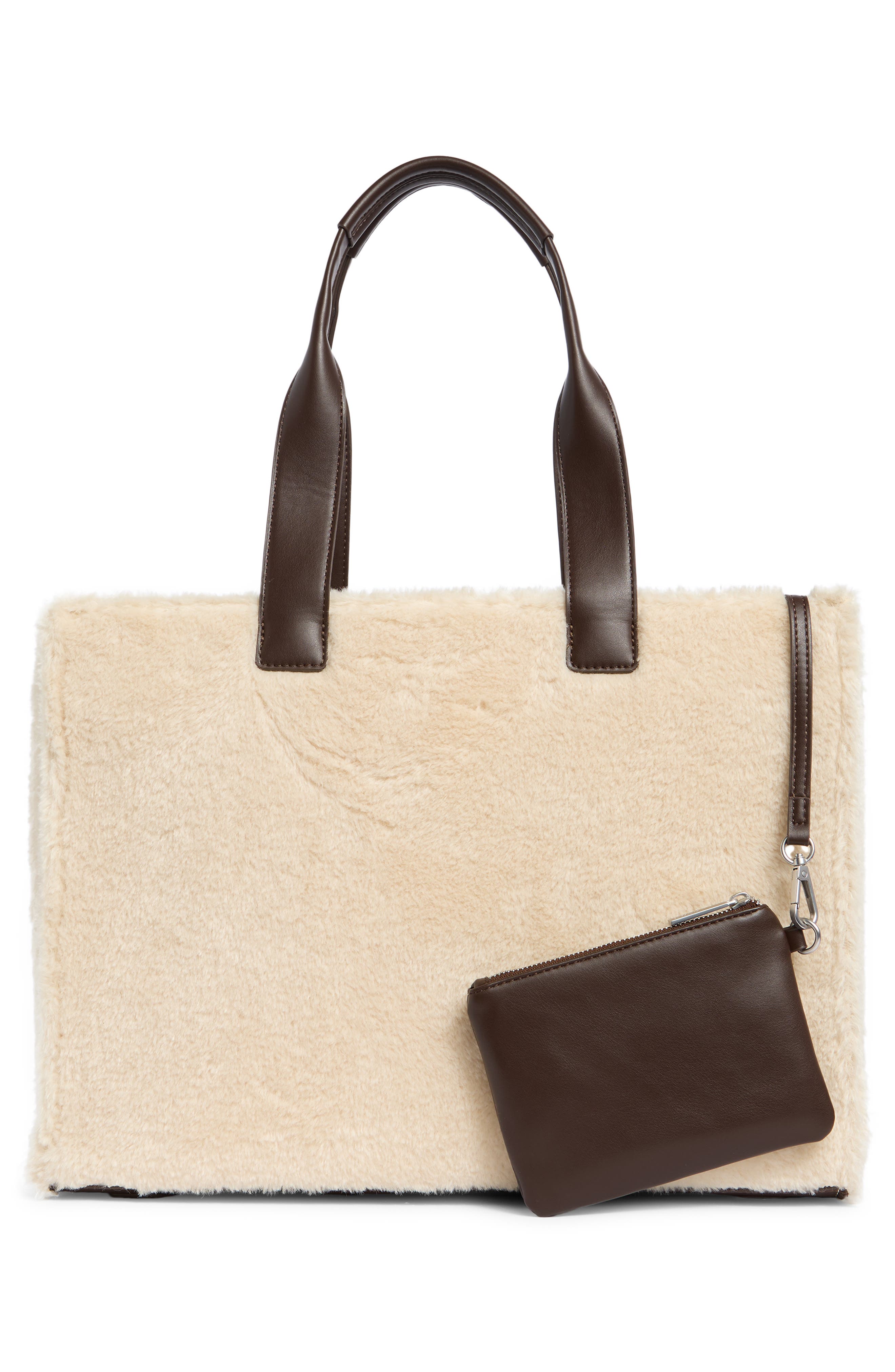 BCBG Whipstitch Faux Shearling Tote Bag with Pouch, Alternate, color, Cream Chocolate