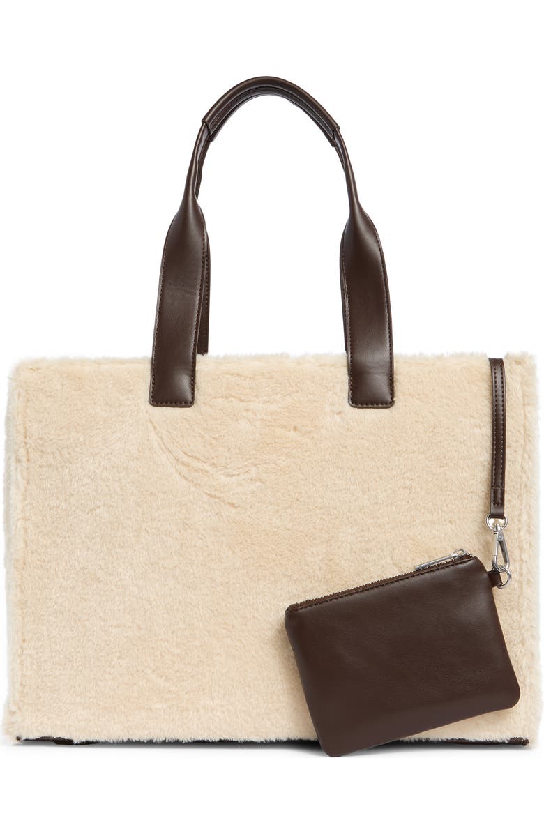 BCBG Whipstitch Faux Shearling Tote Bag with Pouch, Alternate, color, Cream Chocolate