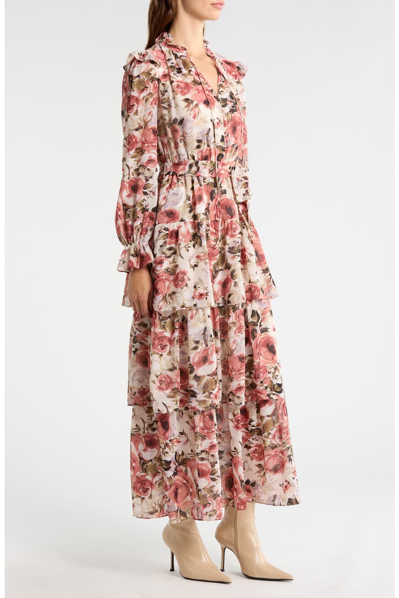 Floral Ruffle Tie Belt Long Sleeve Maxi Dress, Alternate, color, IVORY MULTI