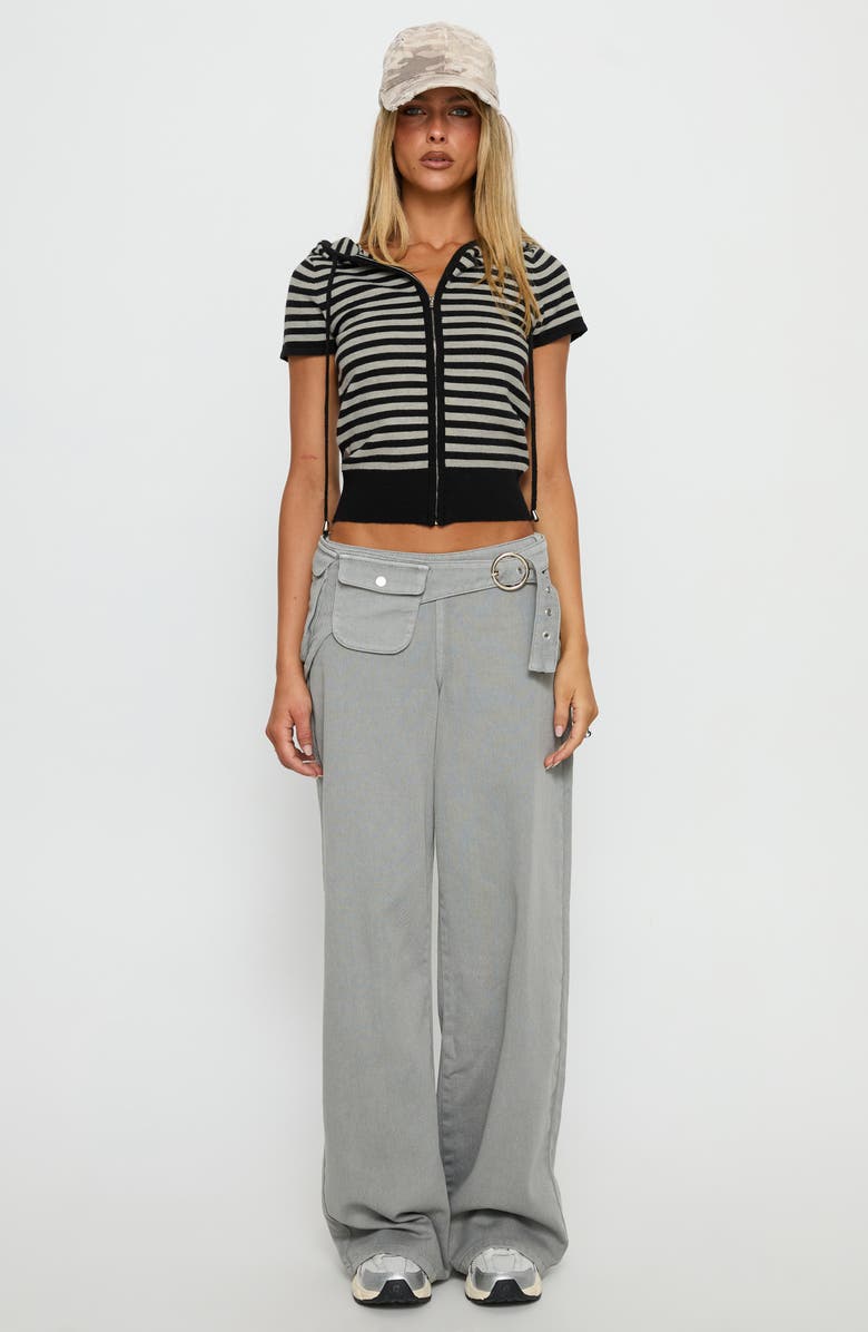 Princess Polly Kahlee Stripe Short Sleeve Zip Hoodie, Alternate, color, Grey / Black Stripe