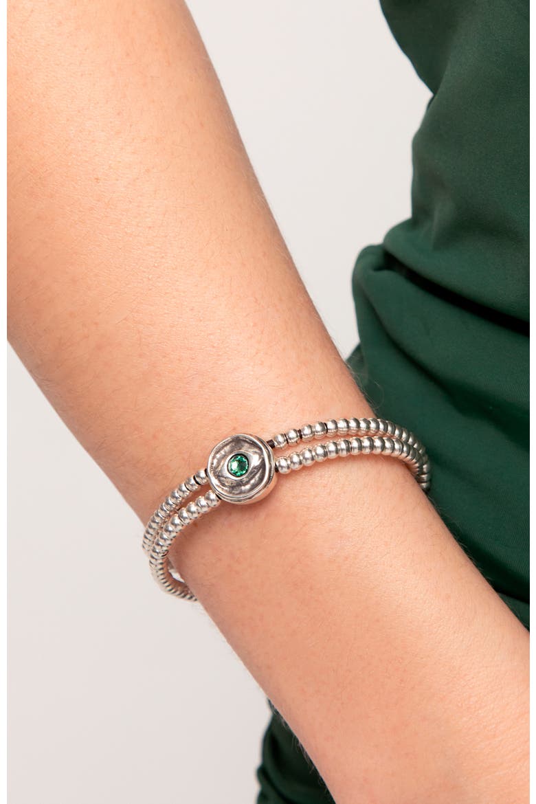 Double Silver-Plated Ball Bracelet with Eye Detail and Green Crystal, Alternate, color, Silver