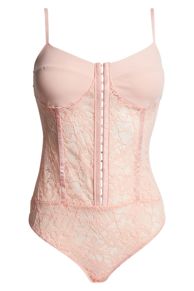 Intimately FP Lace Night Rhythm Thong Bodysuit, Alternate, color, PINK SHELL