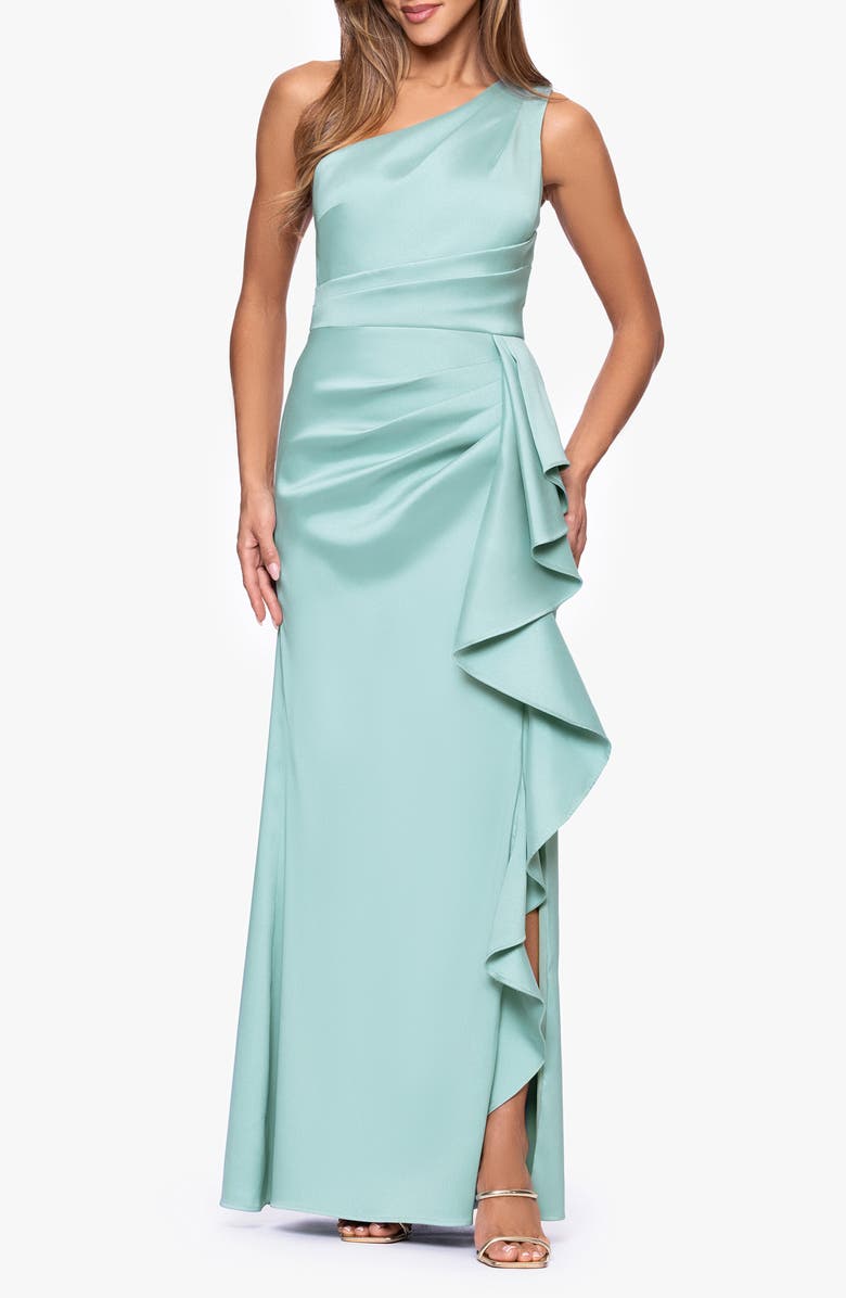 Xscape Evenings Ruffle Detail One-Shoulder Mikado Sheath Gown, Main, color,