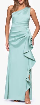 Xscape Evenings Ruffle Detail One-Shoulder Mikado Sheath Gown