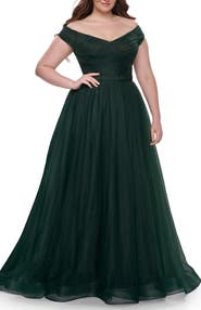 La Femme A-Line Tulle Off the Shoulder Plus Size Dress with Slit