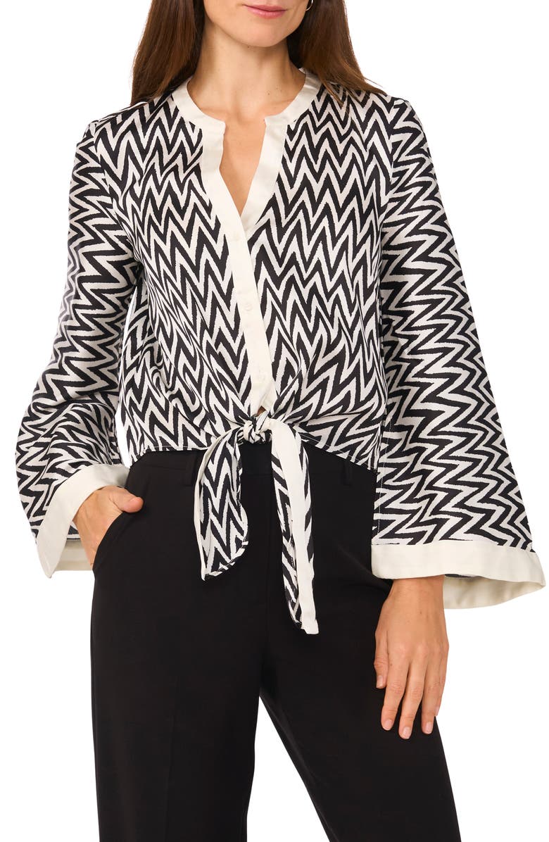 Halogen<sup>®</sup> Stripe Bell Sleeve Tie Front Button-Up Top, Main, color, Rich Black 2