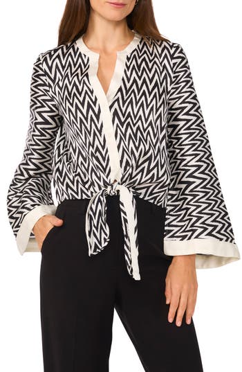 Halogen ® Stripe Bell Sleeve Tie Front Button-up Top In Rich Black/zigzag