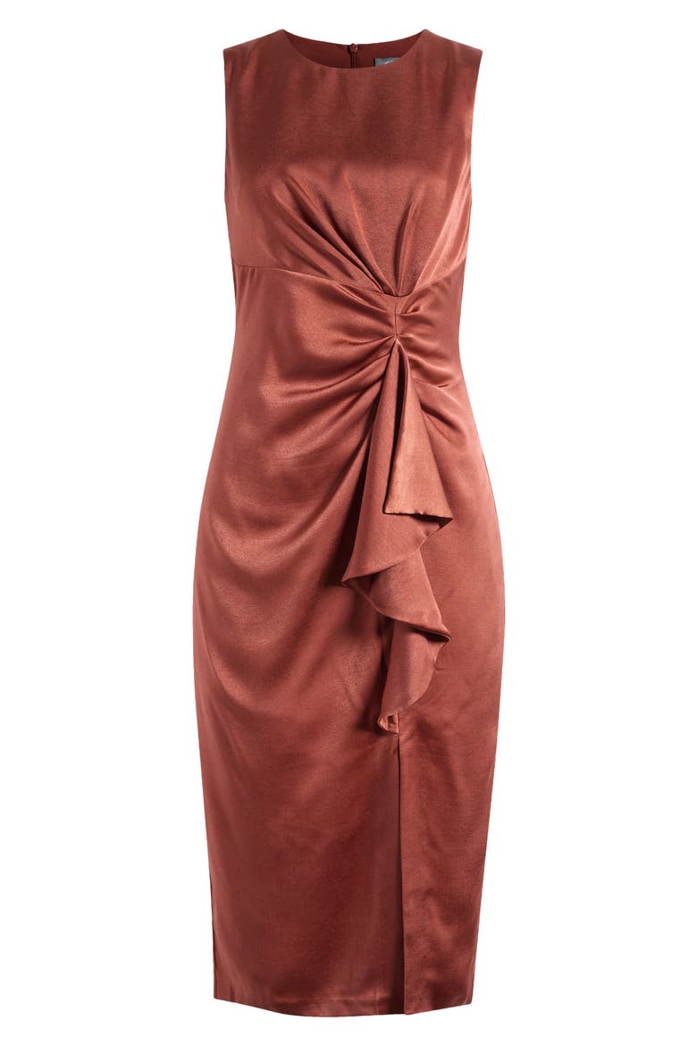 Ruffle Detail Sleeveless Satin Sheath Midi Dress, Alternate, color, BROWN