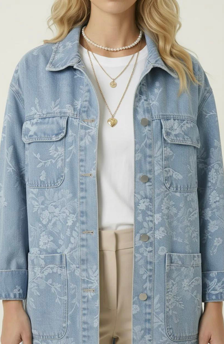 Modenaire Floral Jacquard Denim Jacket, Alternate, color, Light Blue