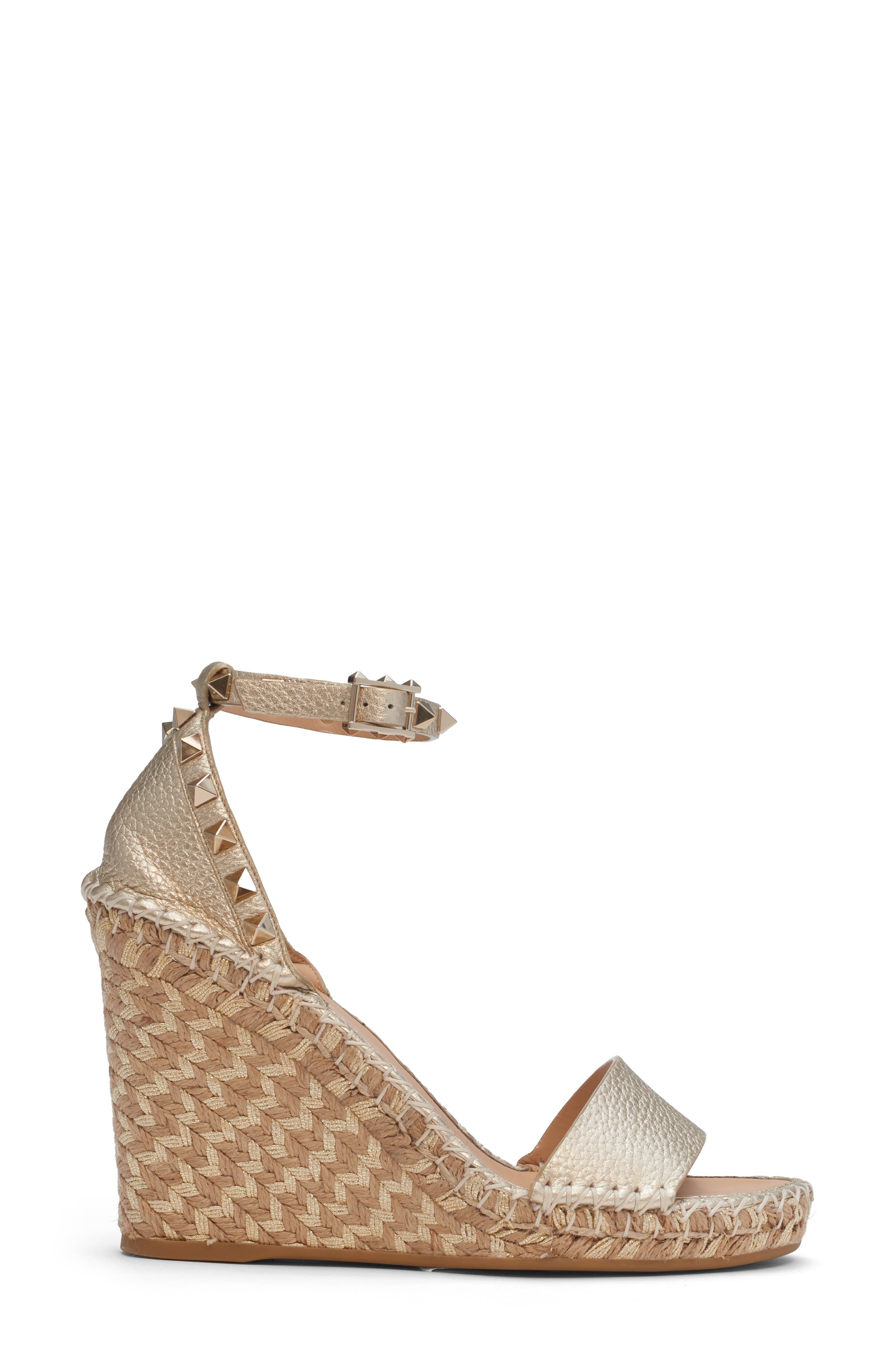 Valentino Garavani Rockstud Metallic Espadrille Wedge Sandal, Alternate, color, Platinum