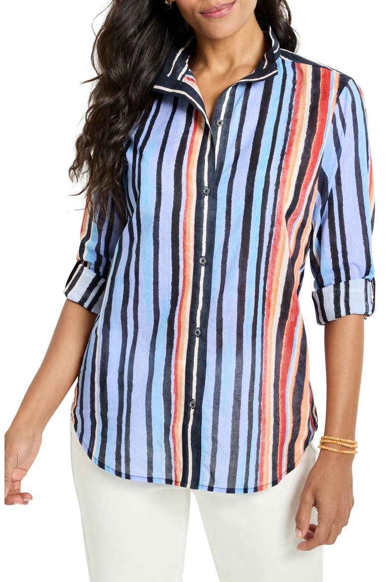 Painted Peninsula Stand Collar Cotton Button-Up Shirt, Main, color, BLUE MULTI