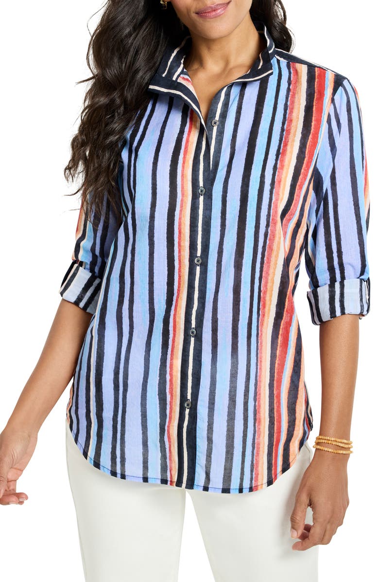 NIC+ZOE Painted Peninsula Stand Collar Cotton Button-Up Shirt, Main, color, Blue Multi