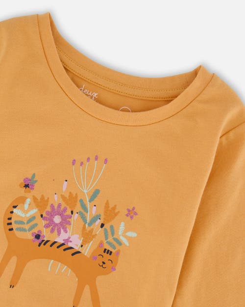 Deux Par Deux Organic Cotton T-shirt With Cat In Yellow