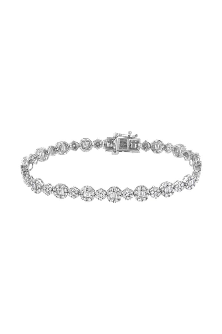 10K White Gold 4.0 cttw and Baguette Diamond Floral Cluster Link Bracelet, Alternate, color, White