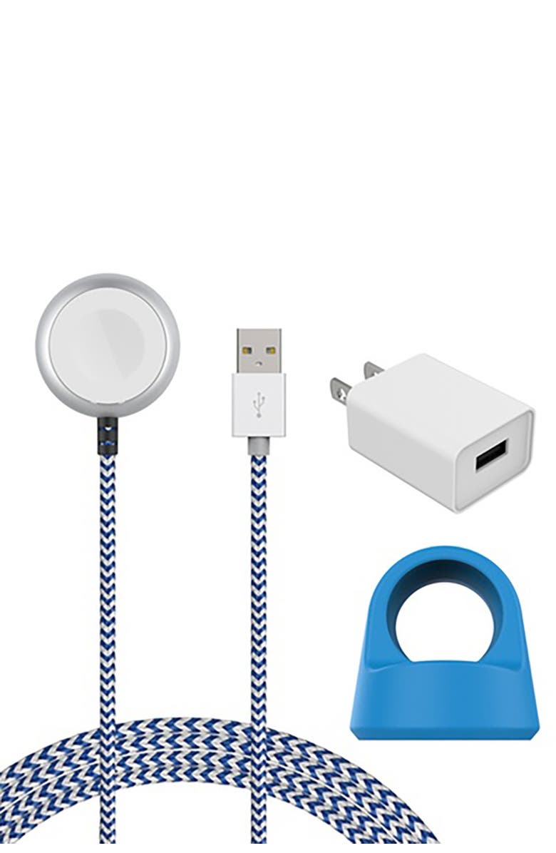 The Posh Tech Blue/White Certified 5Ft Braided Apple Watch Charging Cable & Stand 2-Piece Set, Main, color,