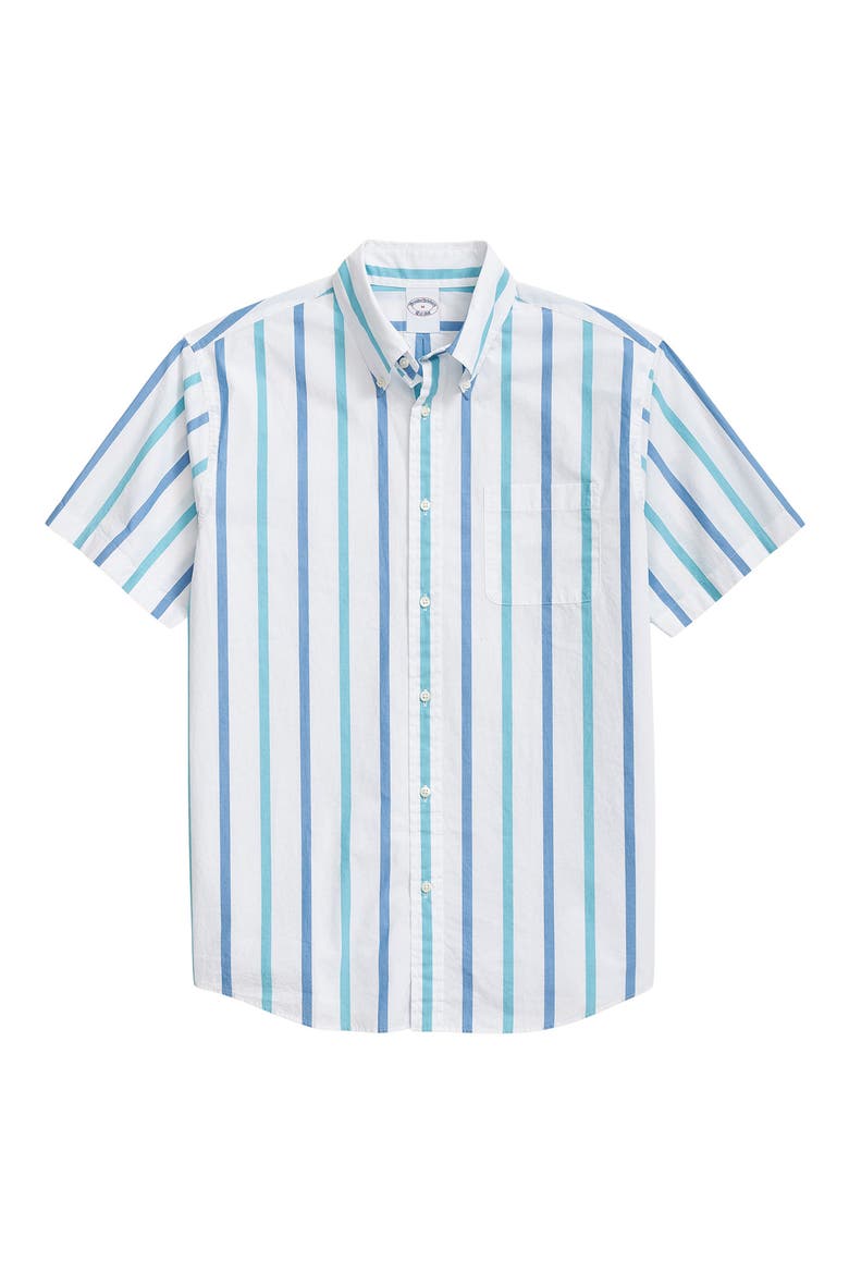 Friday Regular Fit Stripe Short Sleeve Cotton Poplin Button-Down Shirt, Main, color, TURQUOISE/ AQUA