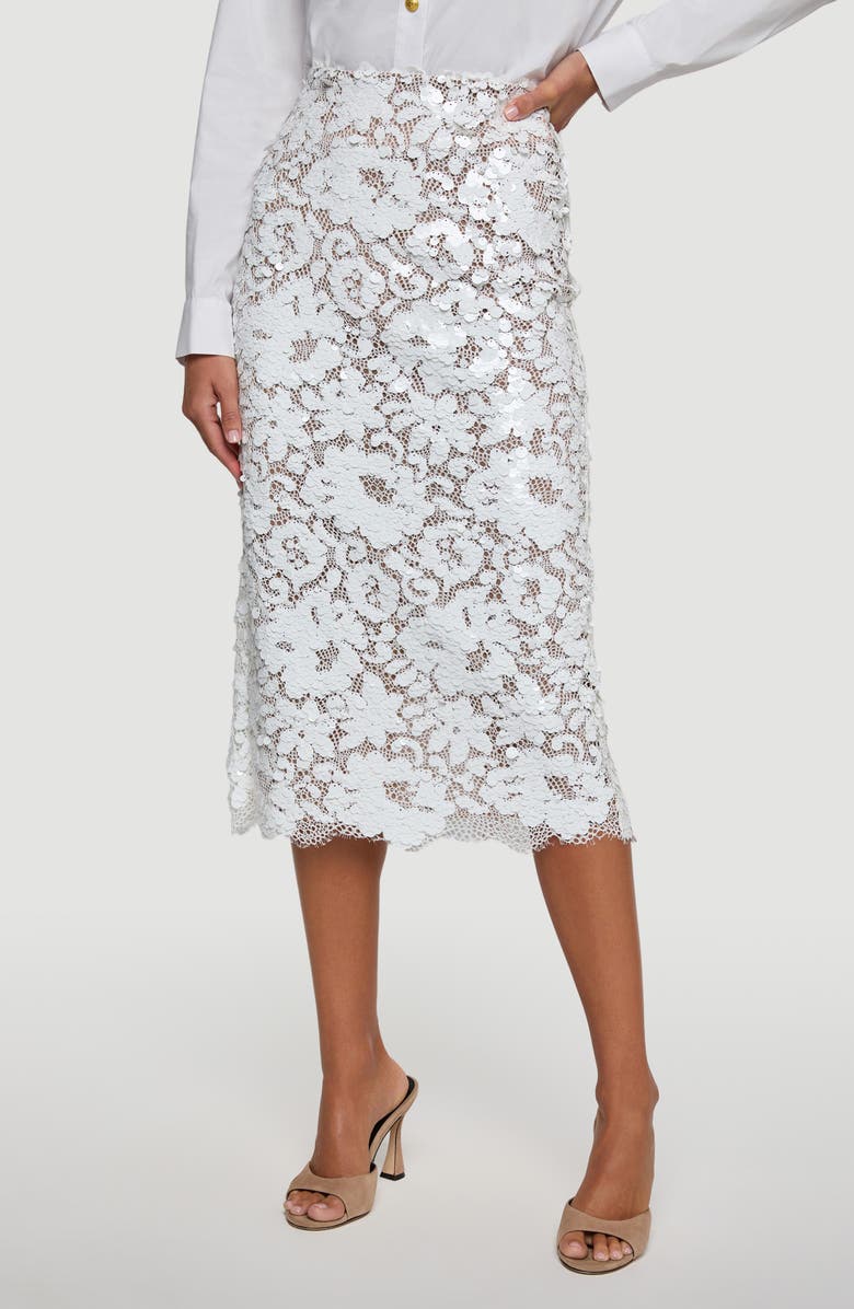L'AGENCE Makena Sequin Lace Midi Skirt, Main, color, White