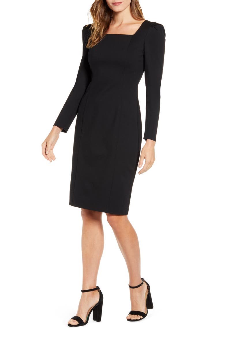 Square Neck Long Sleeve Ponte Dress, Alternate, color, BLACK