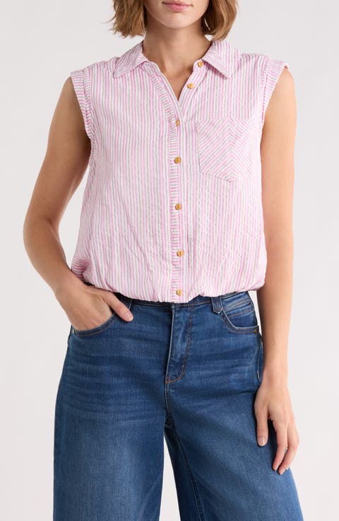 Cap Sleeve Bubble Hem Cotton Seersucker Top