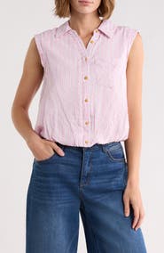 Democracy Cap Sleeve Bubble Hem Cotton Seersucker Top
