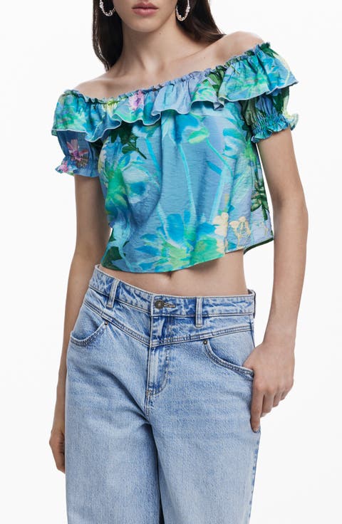 Ruffle Off the Shoulder Crinkle Satin Top
