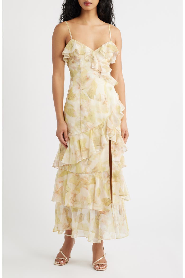 Tessia Ruffle Evening Dress, Main, color, YELLOW FLORAL