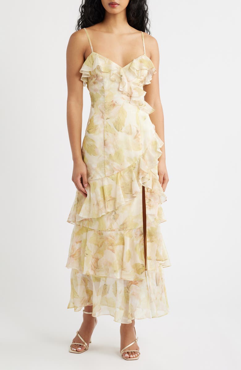 Lulus Tessia Ruffle Evening Dress, Main, color, Yellow Floral