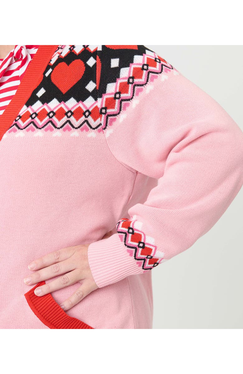 Unique Vintage Plus Size Printed Knit Long Cardigan, Alternate, color, Pink Fair Isle Print