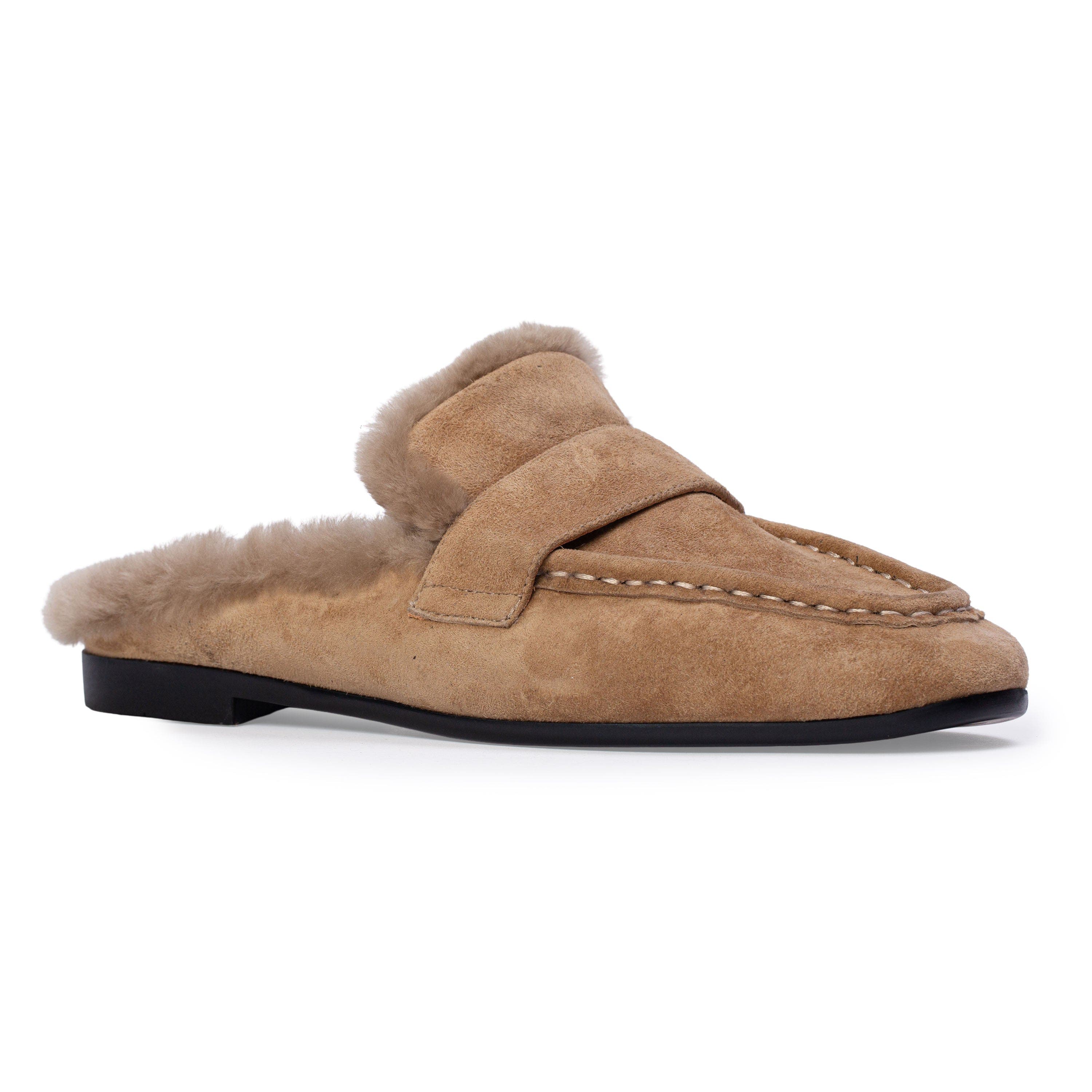 Theo Mule, Alternate, color, Latte Suede / Wool Shearling