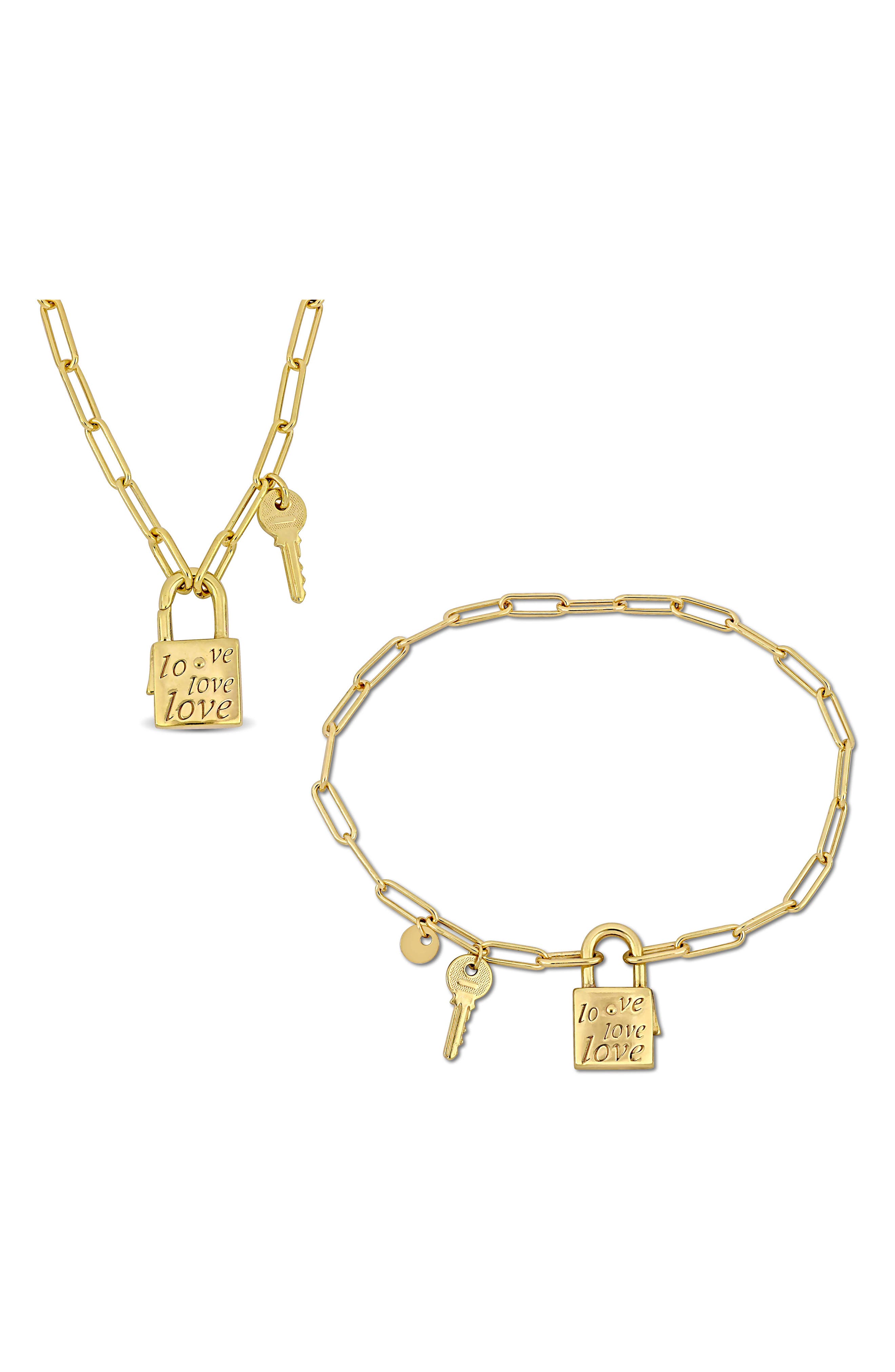 DELMAR Lock & Key Charm Paperclip Chain Necklace & Bracelet Set