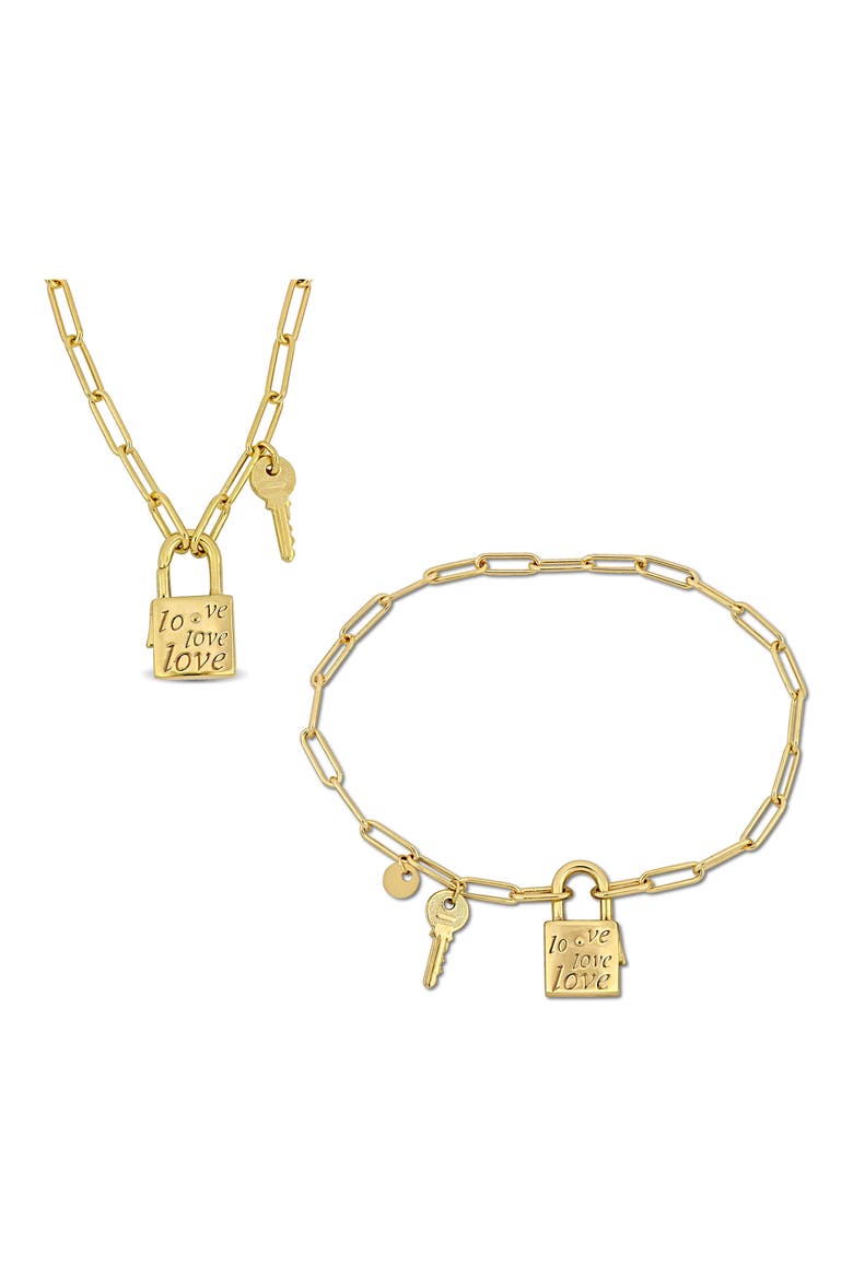 Lock & Key Charm Paperclip Chain Necklace & Bracelet Set, Main, color, YELLOW GOLD