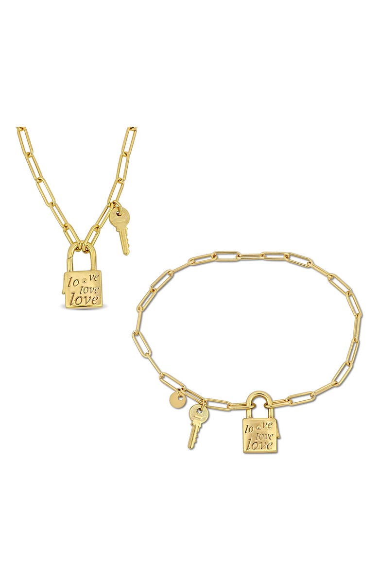 DELMAR Lock & Key Charm Paperclip Chain Necklace & Bracelet Set, Main, color, 