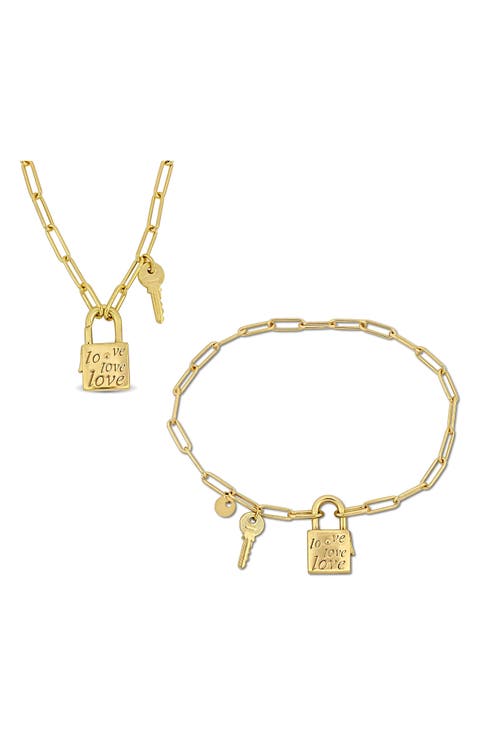Lock & Key Charm Paperclip Chain Necklace & Bracelet Set