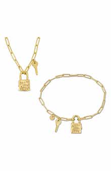 Lock & Key Charm Paperclip Chain Necklace & Bracelet Set
