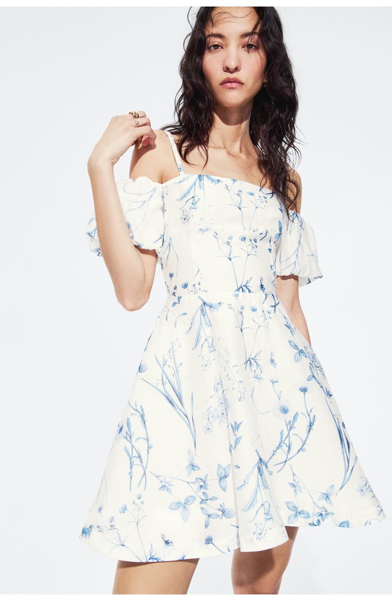H&M Linen-blend Cold Shoulder Dress, Alternate, color, White/Floral