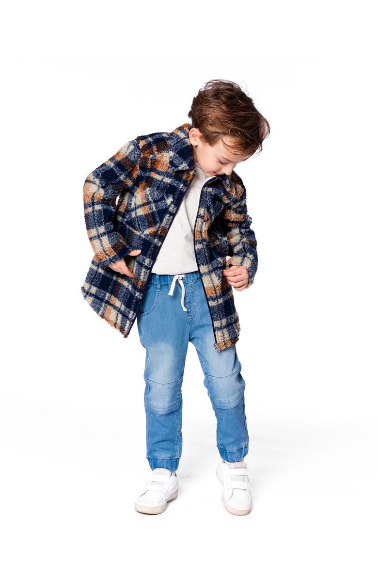 Deux par Deux Long Sleeve Zip Front Overshirt, Main, color, Blue And Brown Plaid