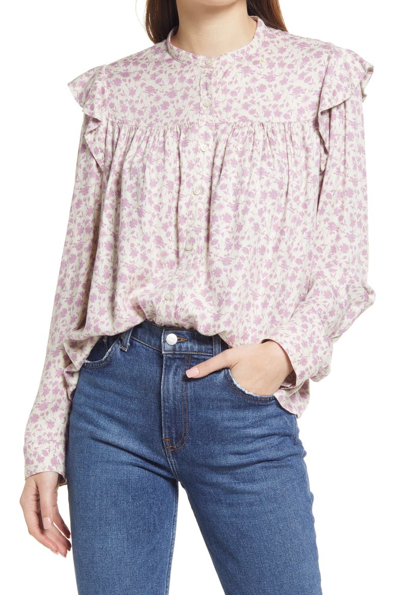 Floral Ruffle Trim Button-Up Shirt, Main, color, PURPLE SILHOUETTE FLORAL