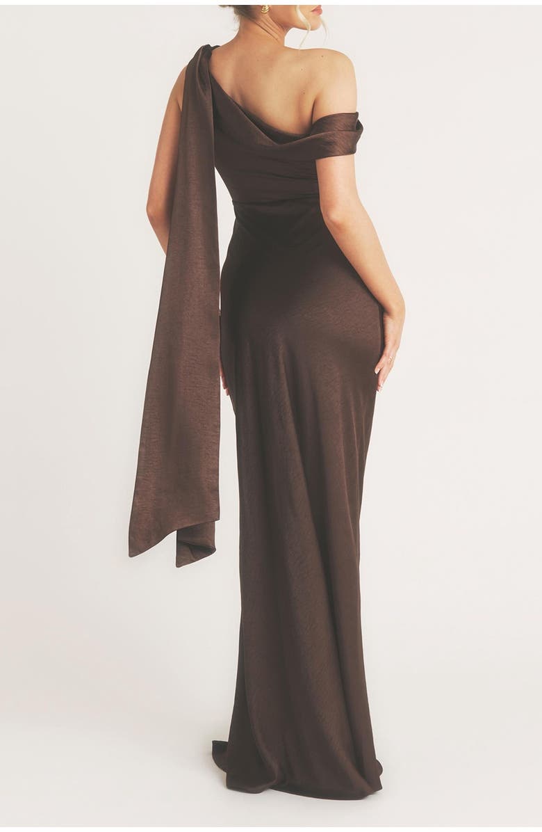 Six Stories One Shoulder Drape Bridesmaid Dress, Alternate, color, Chocolate