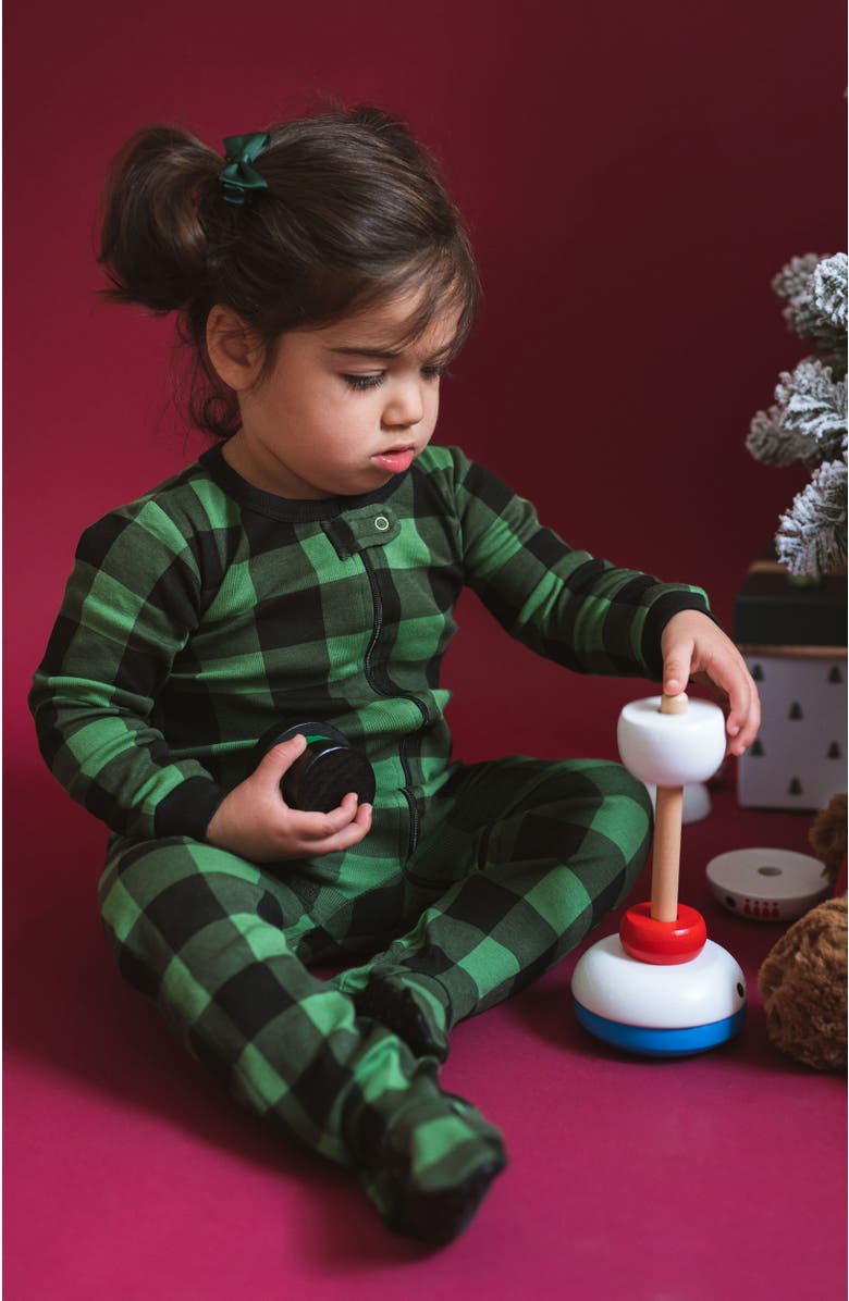 Leveret Kids Footed Plaid Cotton Matching Family Holiday Pajamas, Alternate, color, Plaid Black & Green