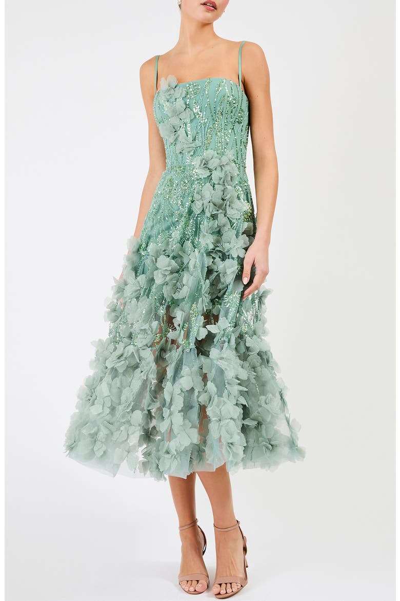 Lily Sequin Floral Appliqué Midi Dress, Main, color, SAGE