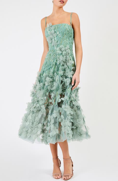 Lily Sequin Floral Appliqué Midi Dress