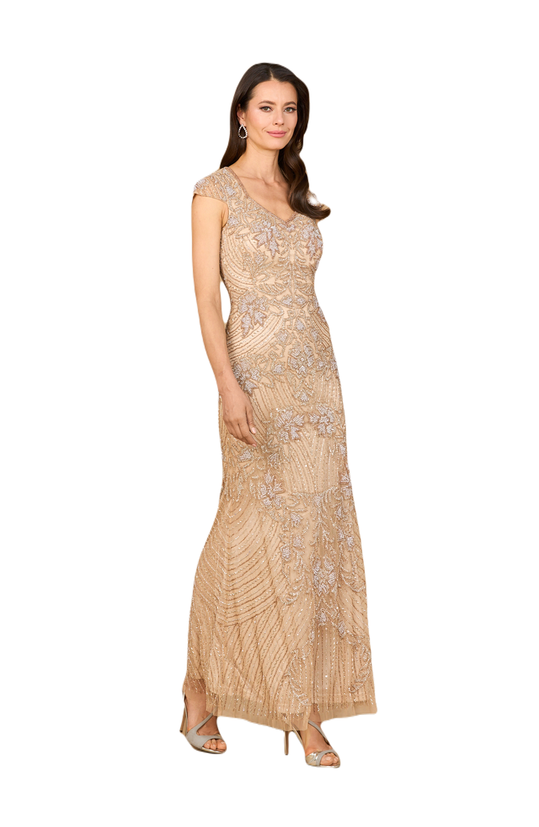 LARA New York Beaded Cap Sleeve Gown, Main, color, Nude