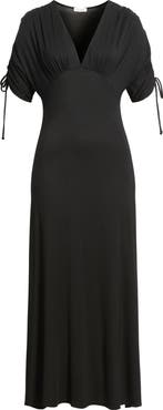 Loveappella Ruched Sleeve Empire Waist Maxi Dress
