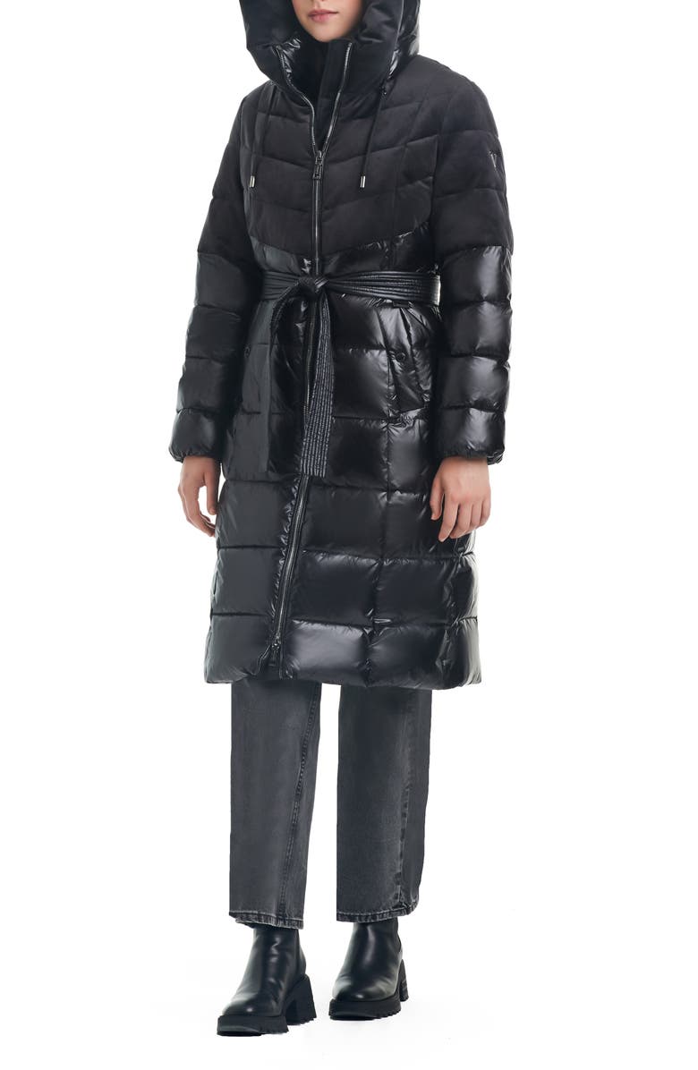 Vince Camuto Belted Mixed Media Hooded Puffer Coat, Alternate, color,