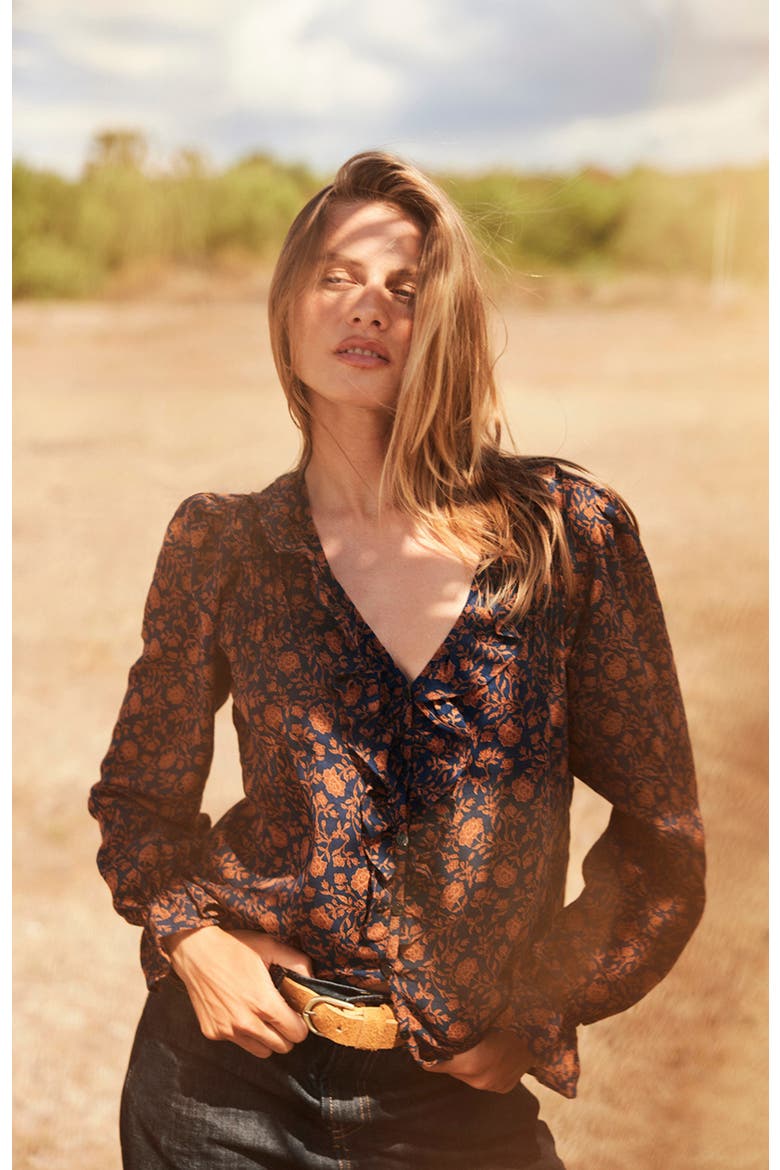 Long Sleeve Chloe Ruffle Shirt, Alternate, color, Navy Batik