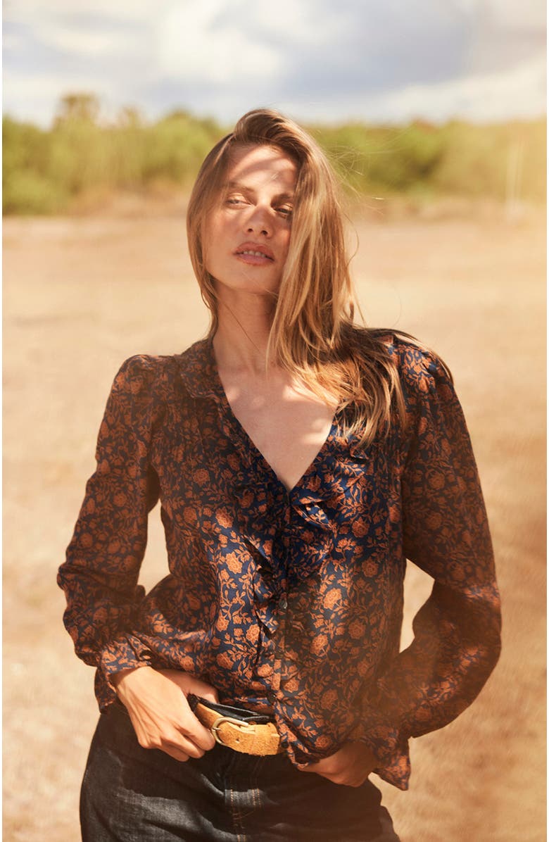 Paneros Clothing Long Sleeve Chloe Ruffle Shirt, Alternate, color, Navy Batik